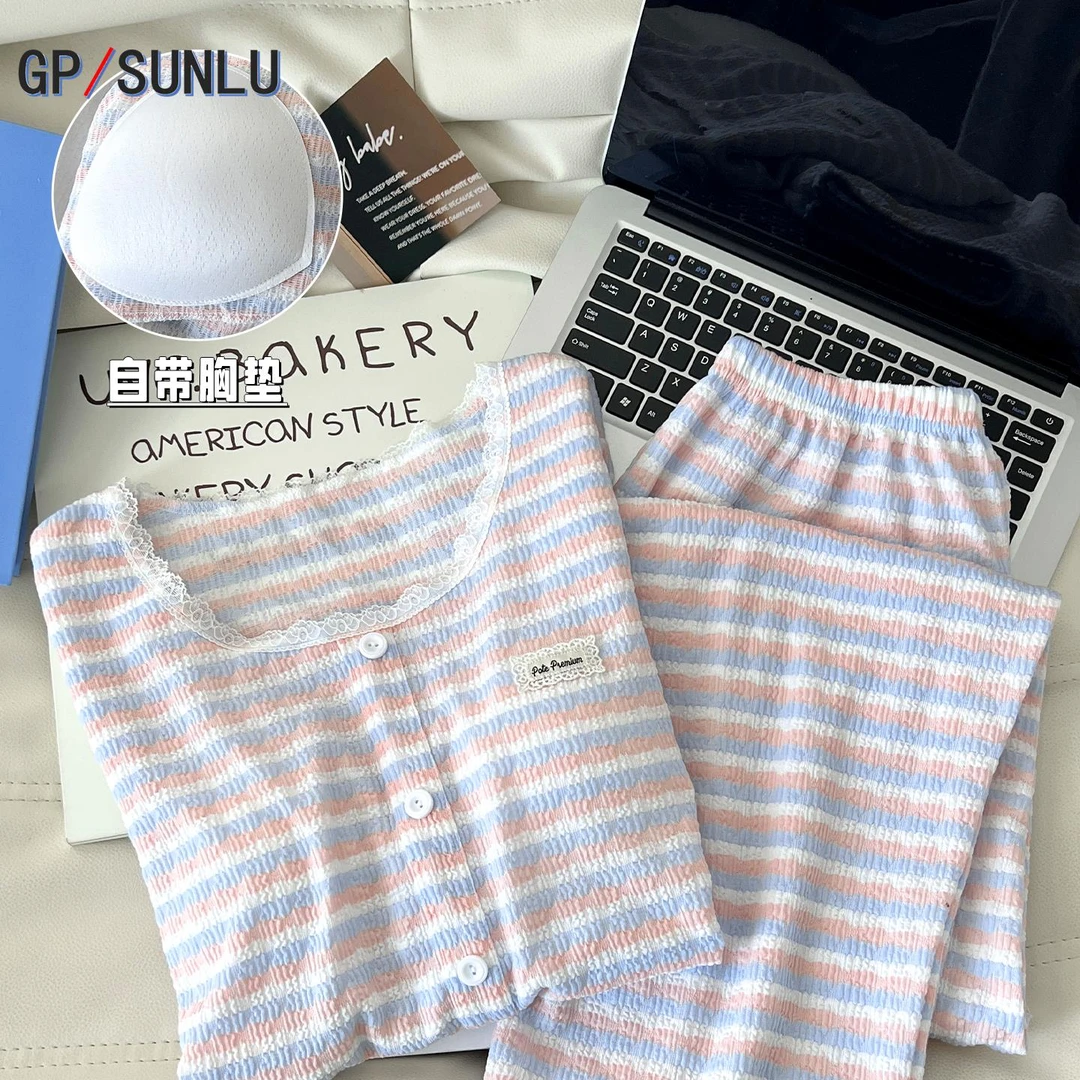 日本小众GP高级感条纹棉质带胸垫睡衣女秋冬季甜美家居服春秋天套