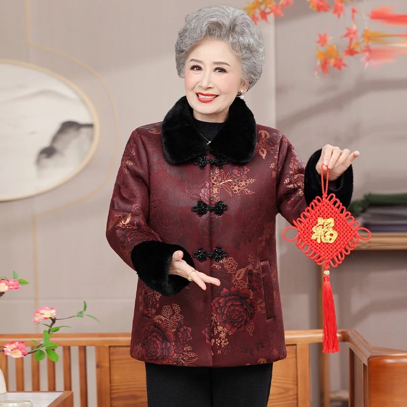中老年女装冬装保暖棉衣妈妈装加绒加厚带毛领外套老人衣服奶奶装