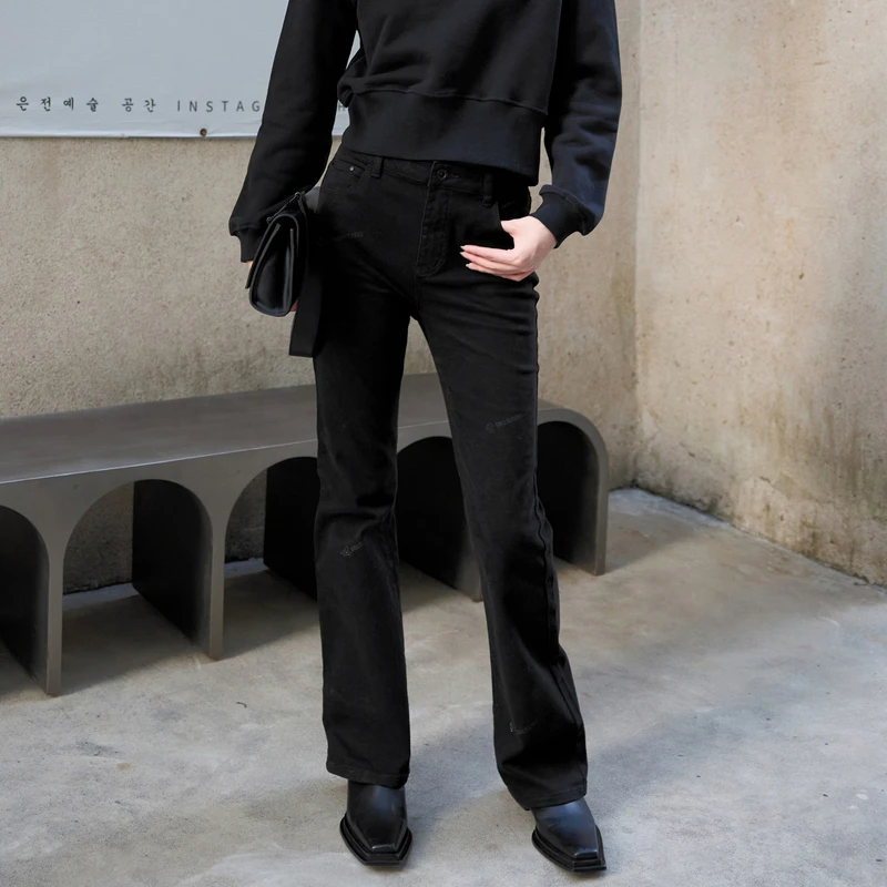 【U/TI&MILIXU联名】黑色显瘦修身弹力中高腰冬季及地牛仔喇叭裤