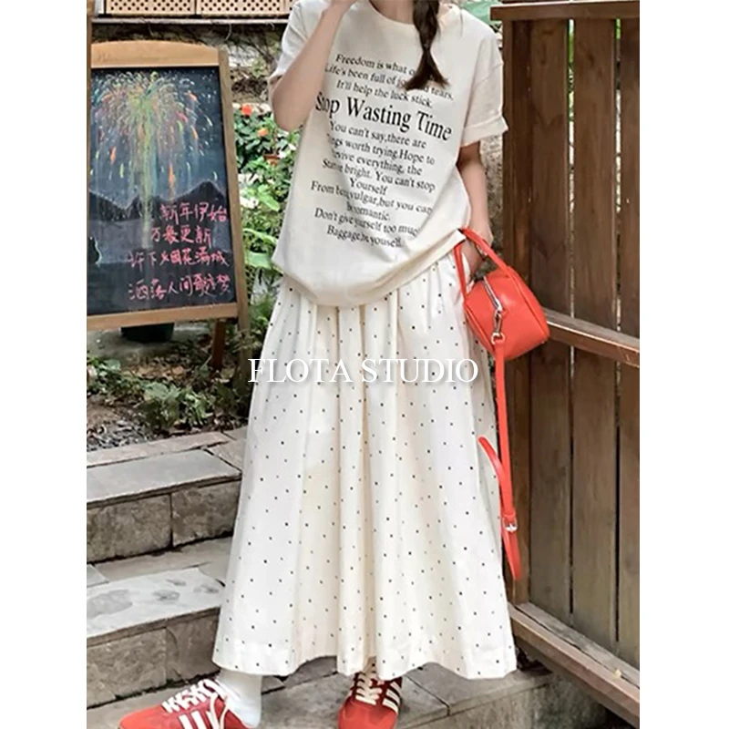 【flota】简约遮肉小波点半身长裙韩系慵懒宽松百搭高腰裙子0013