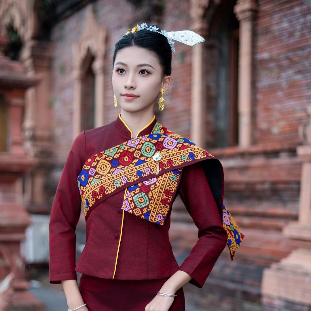 西双版纳泰式小礼服正装立领披肩勃艮第红复古民族风傣族服装套装