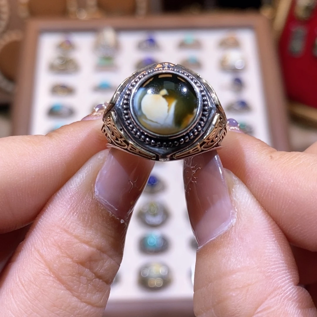 琥珀戒指银S925镶嵌璐*戒指