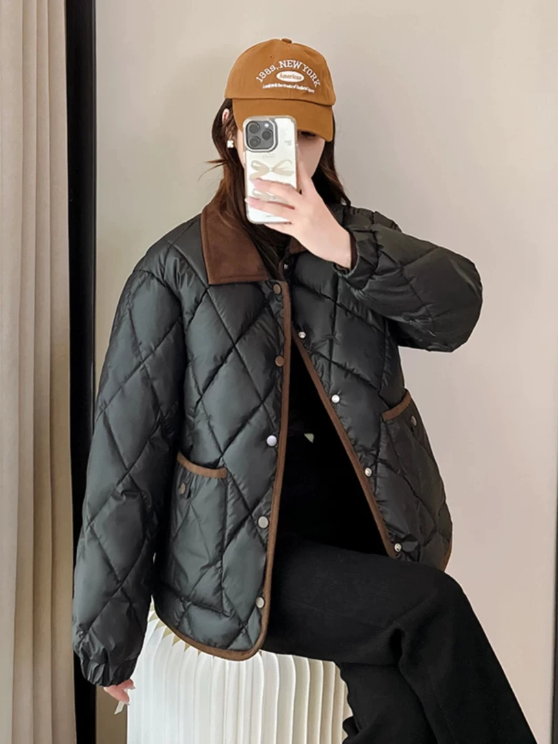 （塔苏）小香风女小个子翻领菱格冬季外套（免洗）