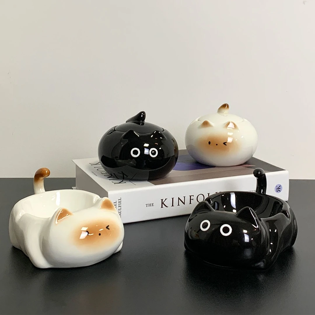 陶瓷暹罗猫卡通带盖防飞大号烟灰缸家用装饰可爱伴手礼礼物家居