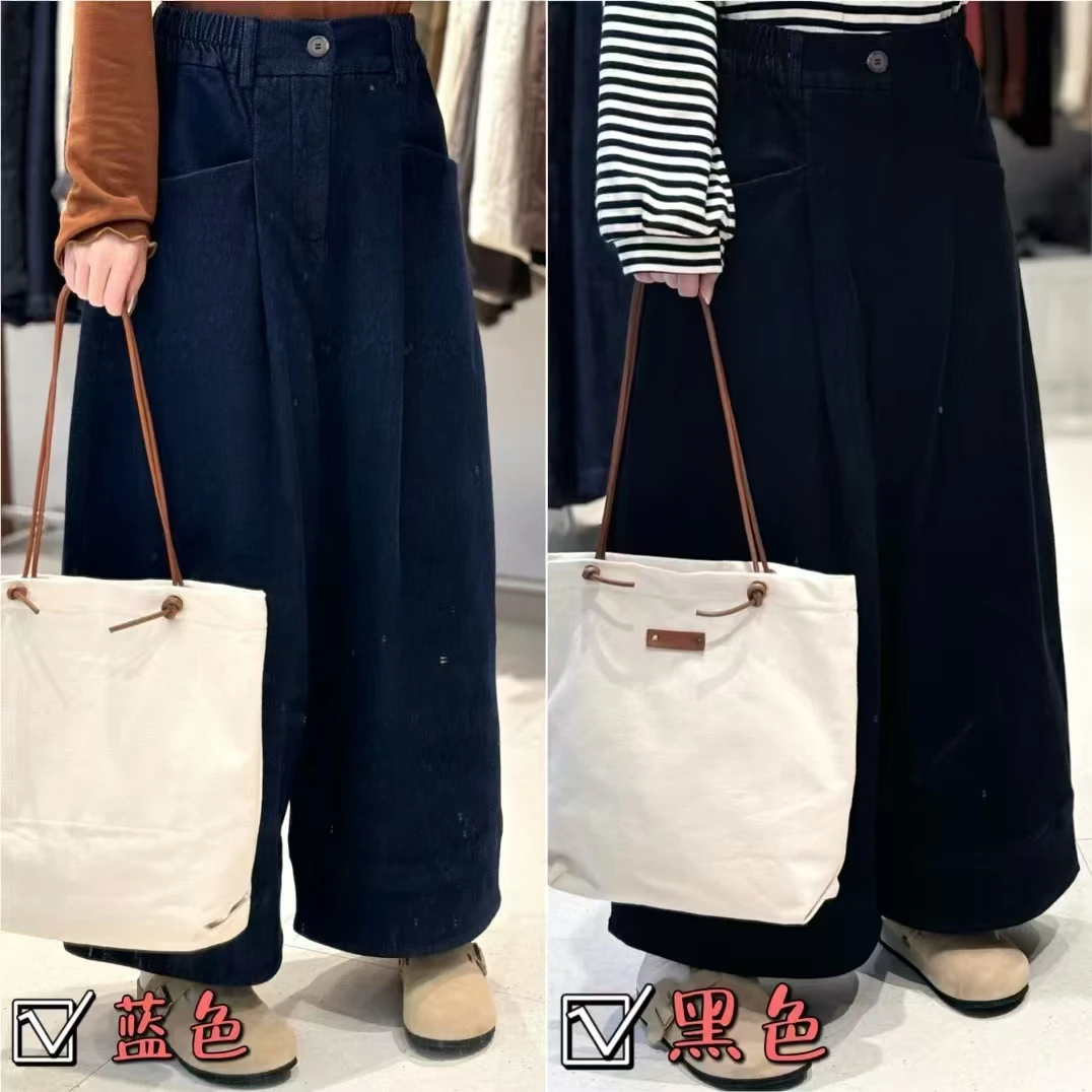 秋冬双层灯芯绒奶奶裤8分裤加厚阔腿宽松显瘦蓝色直筒减龄复古