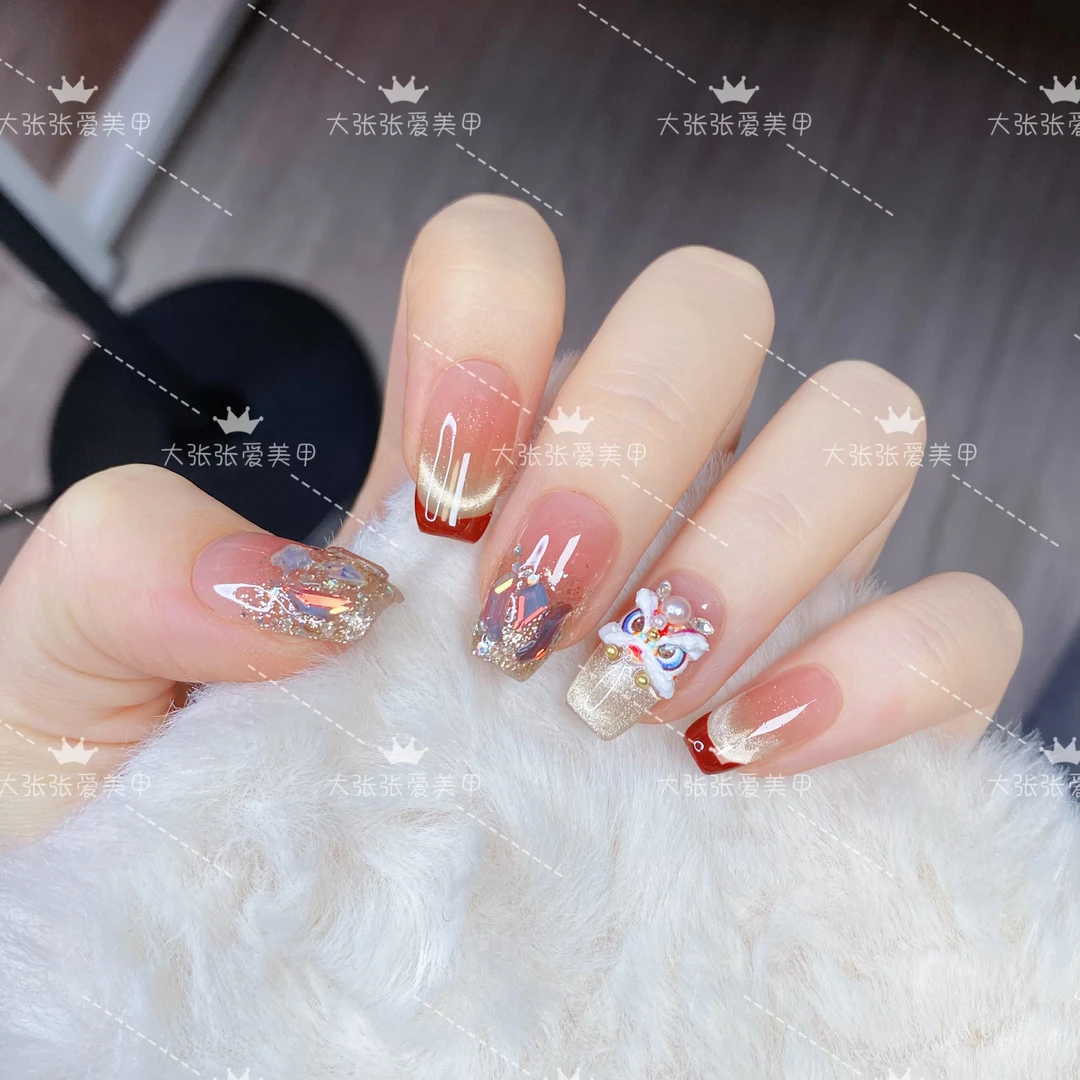 25年【金狮来财】新年战甲纯手工穿戴甲法式猫眼美甲贴穿戴式光疗甲