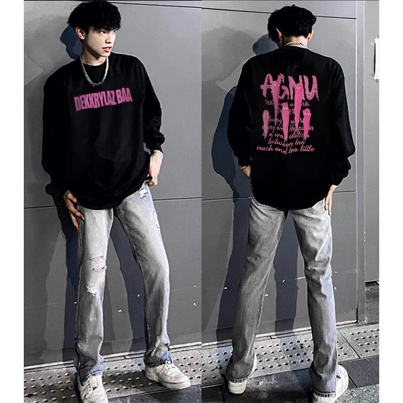 美式创意设计感字母印花长袖T恤男冬季潮流百搭宽松重磅纯棉上衣