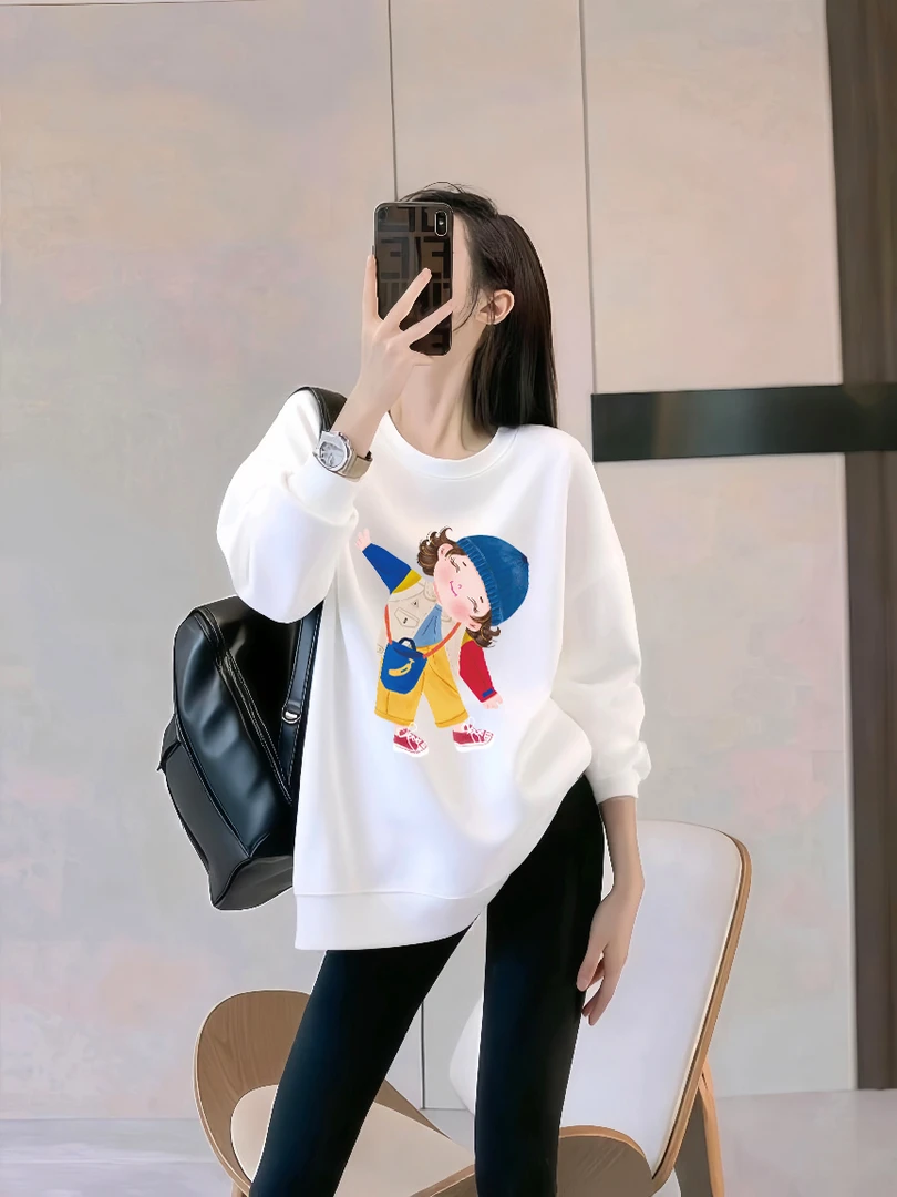 欧货大版长袖女士套头卫衣春秋款女外套圆领打底衫白色上衣服女装