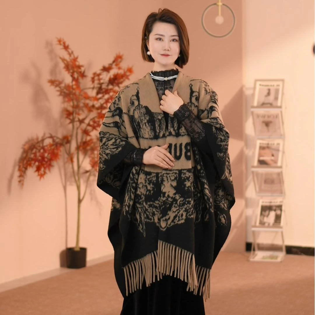 提花保暖护颈外搭披肩宽松百搭秋冬黑色冬季时尚防风护肩9020