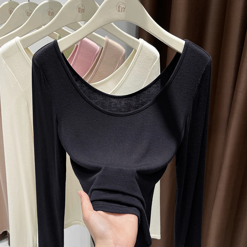 高级感长袖大圆领打底衫女款春秋时尚百搭洋气t恤修身显瘦上衣潮