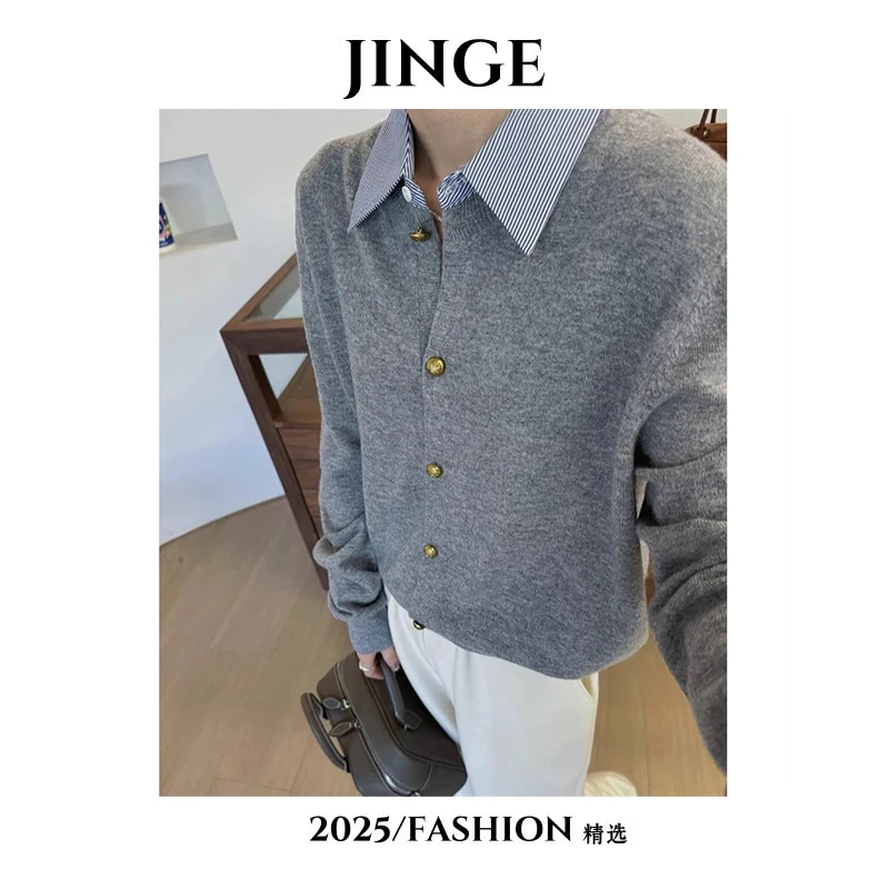 《金哥》3555假两件条纹设计感小众休闲衬衫新款休闲毛针织上衣