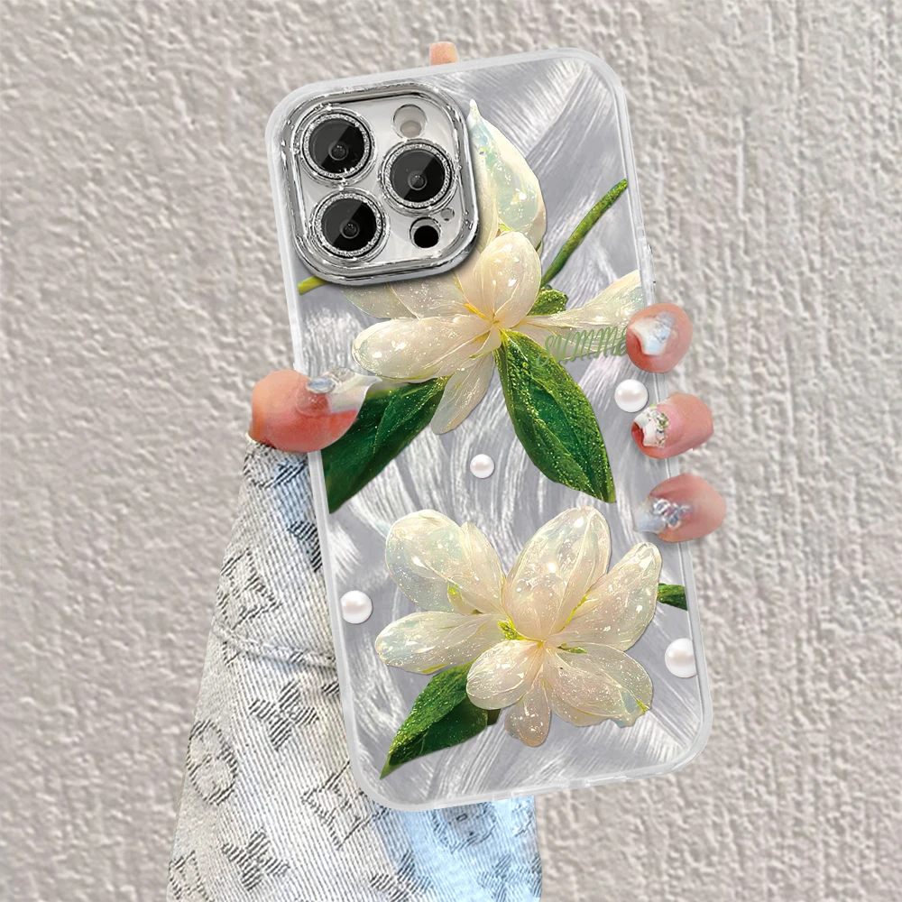 茉莉花支架保护壳适用于苹果vivo华为oppo羽纱无边框手机壳女款