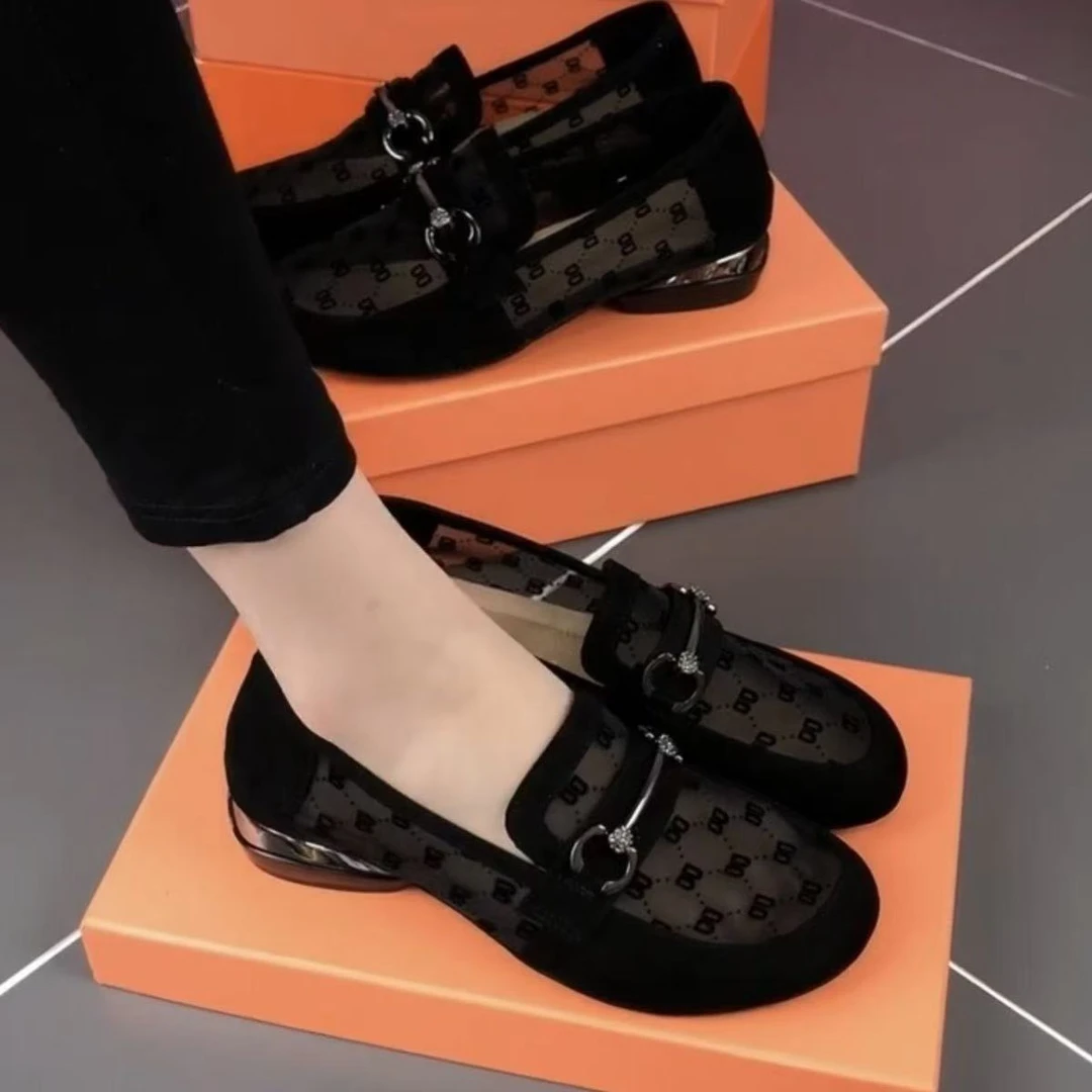 【真软皮】网纱女鞋2025新款镂空夏季单鞋网面乐福鞋软底皮鞋劳保鞋