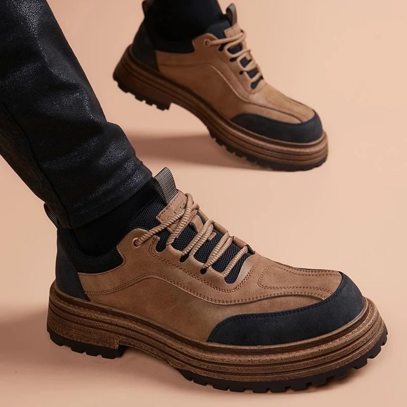 工装鞋男英伦风厚底增高通勤大头鞋商务潮流百搭圆头透气休闲皮鞋