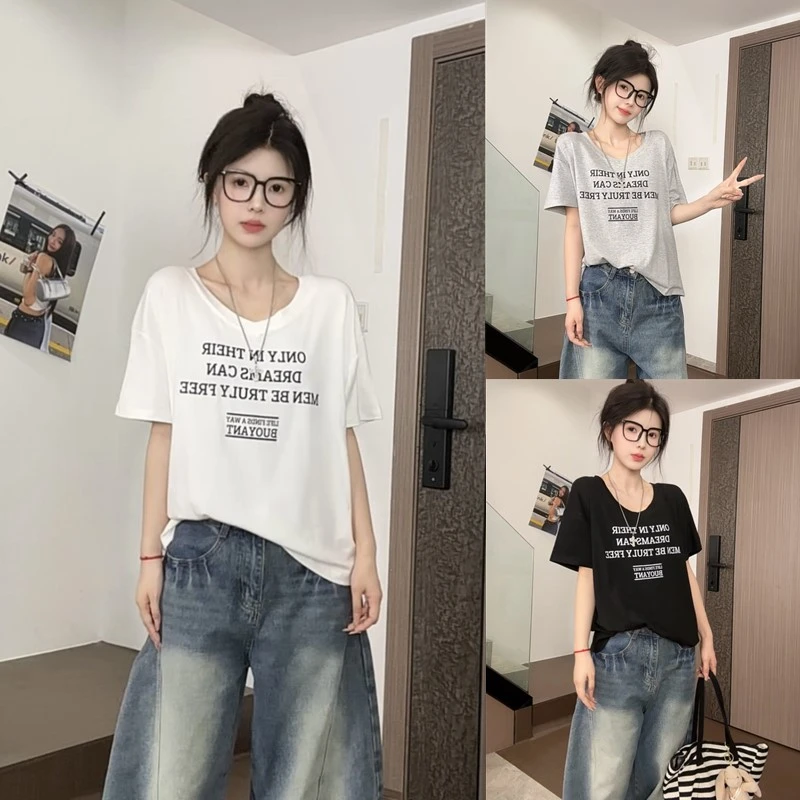 白色字母印花T恤女夏季2025新款慵懒风宽松显瘦百搭V领短袖上衣潮