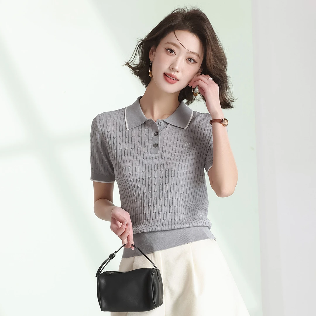 【大瑶】赛兔含桑蚕丝T恤女休闲绣花POLO领绞花针织短袖女276251011