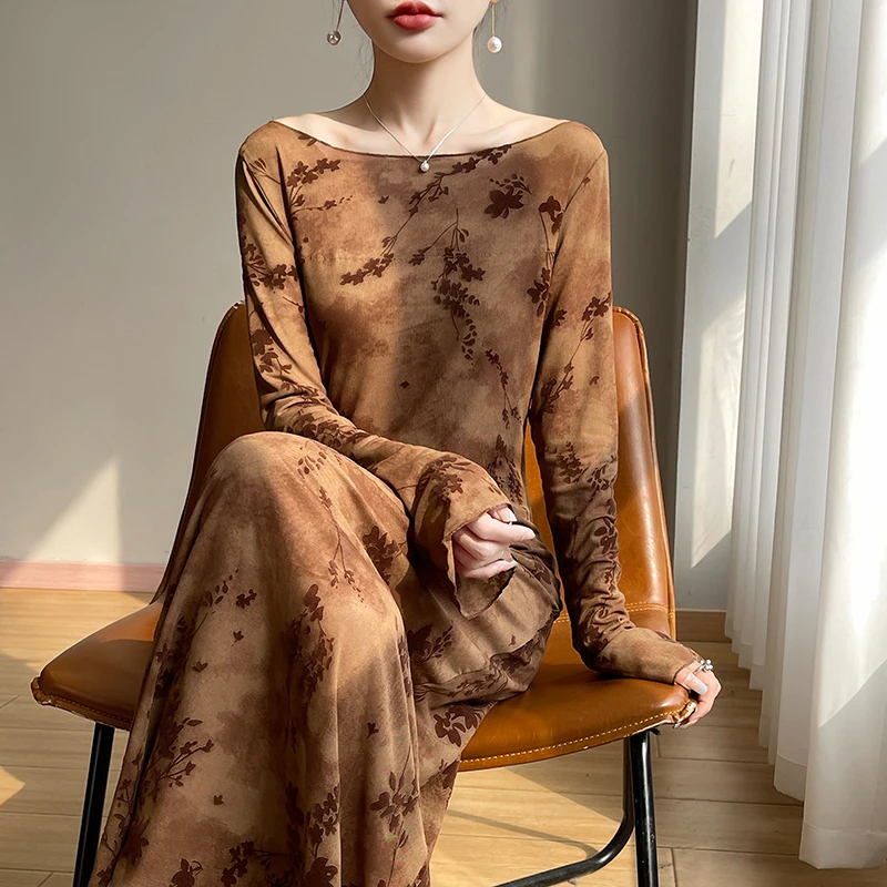 港风复古网纱印花长款连衣裙长袖修身纯欲立体提花复古收腰鱼尾裙