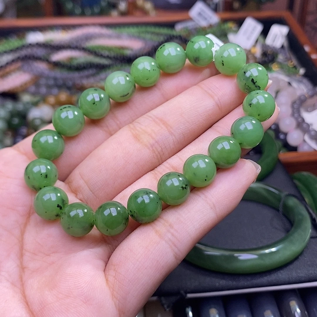 和田玉未镶嵌颈饰碧玉果绿乌兰海手串10mm孤品
