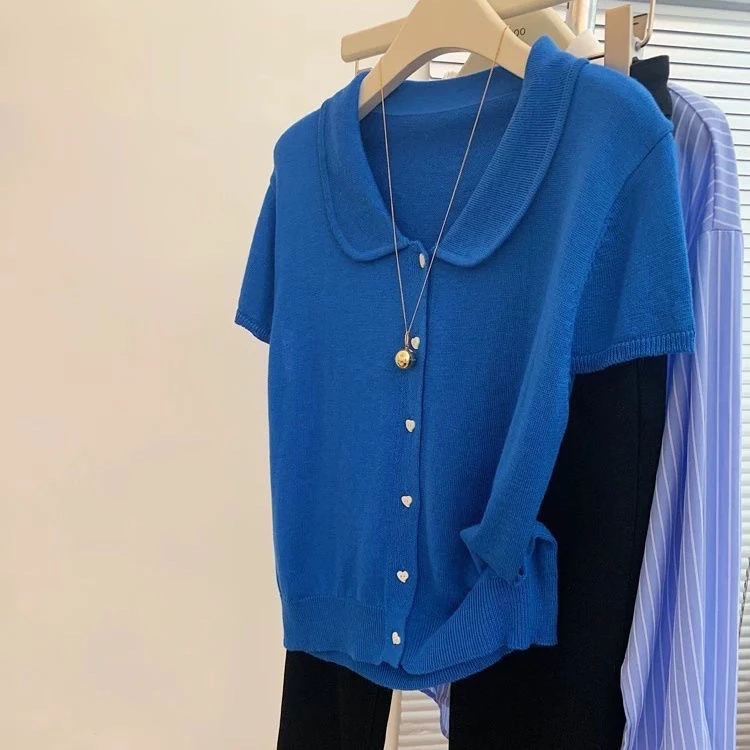 【85-180斤】撞色娃娃领冰丝短袖T恤女夏季法式设计感洋气减龄上衣