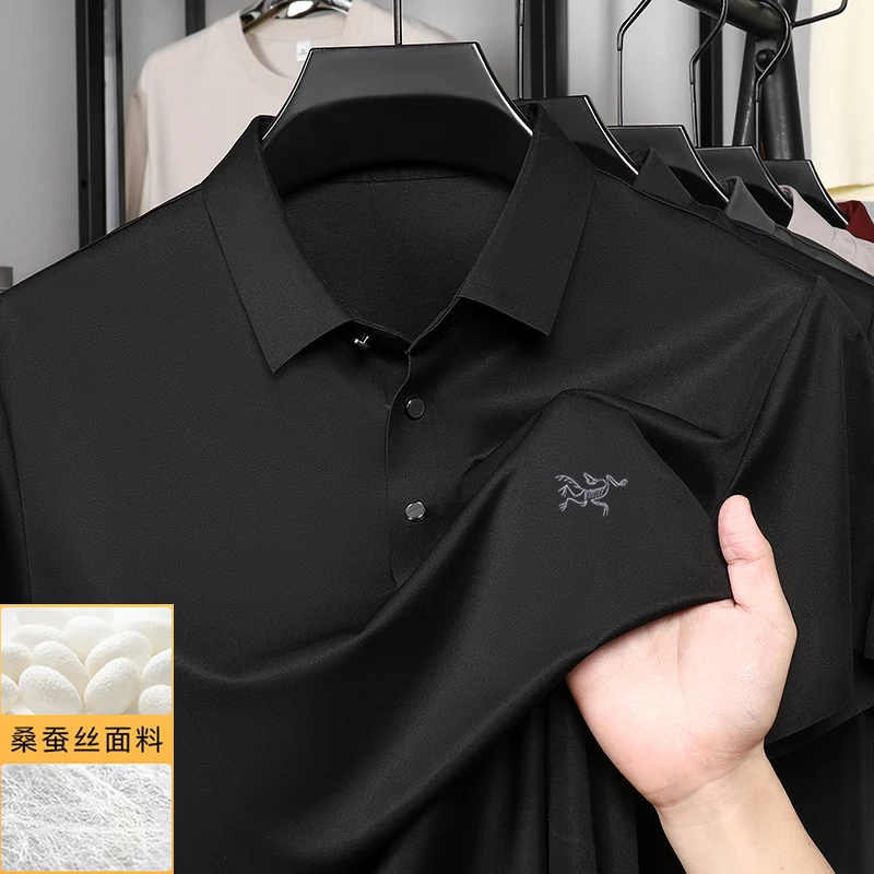 【奥莱特价】夏季高端桑蚕丝翻领短袖t恤男冰丝透气无痕刺绣polo衫