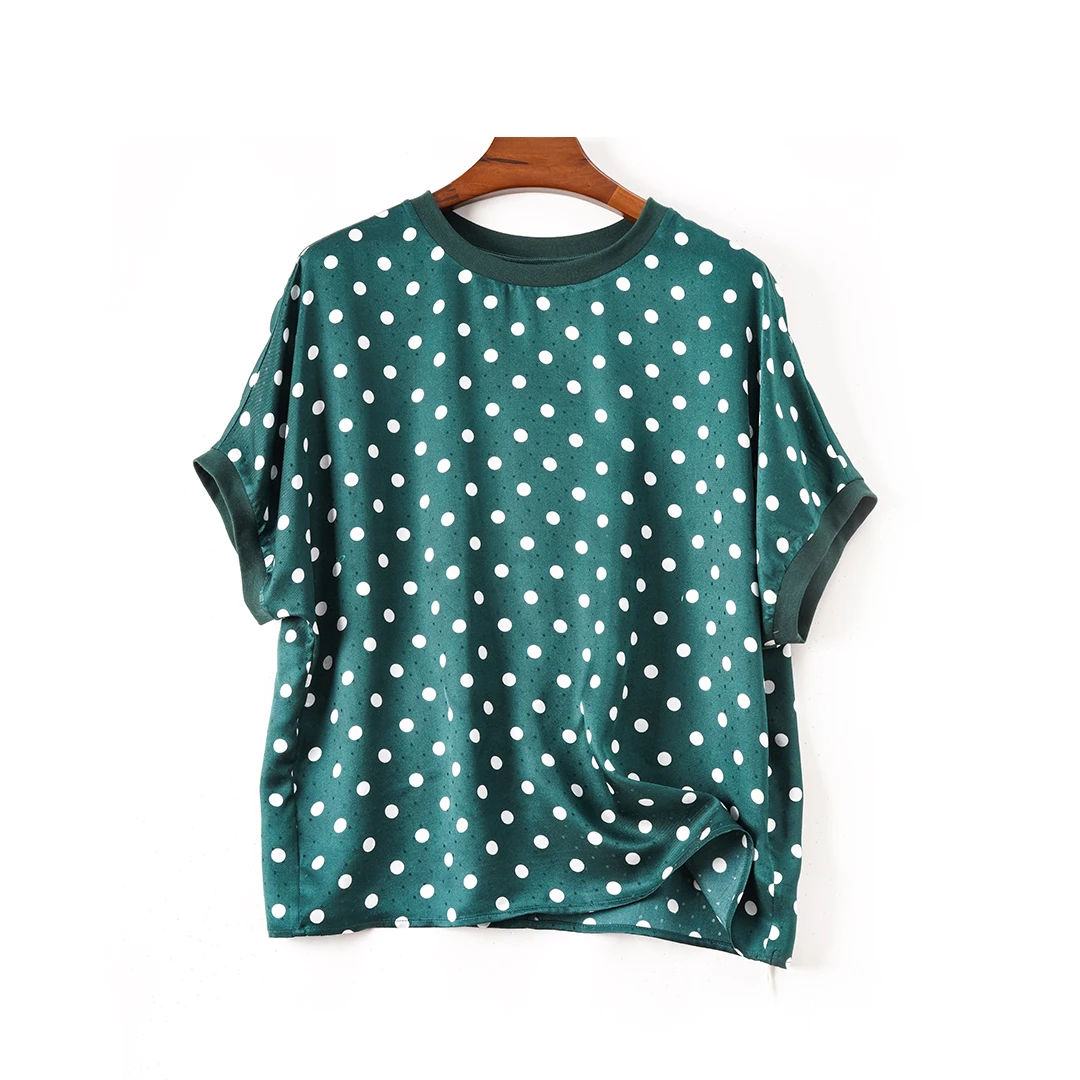 琸娅100%桑蚕丝真丝桑波缎休闲风高端女装圆领夏季宽松波点T恤