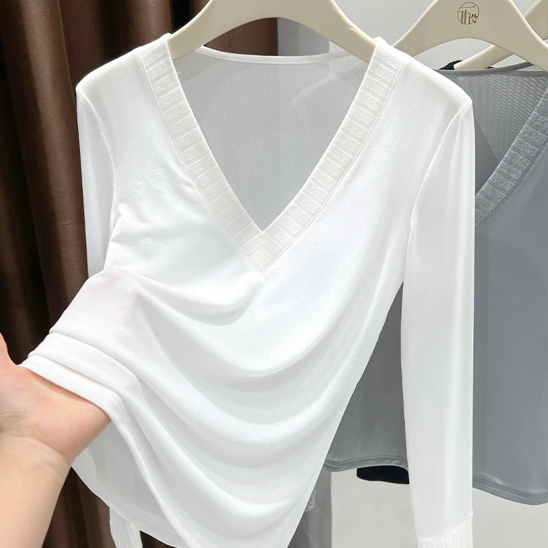 白色冰丝网纱修身长袖上衣秋季新款微透气质V领t恤百搭显瘦打底衫