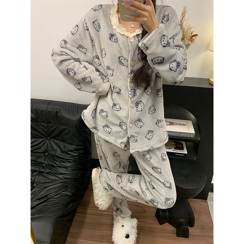 韩版可爱猫咪睡衣女款秋冬季爆款珊瑚绒加绒加厚高级感家居服套装