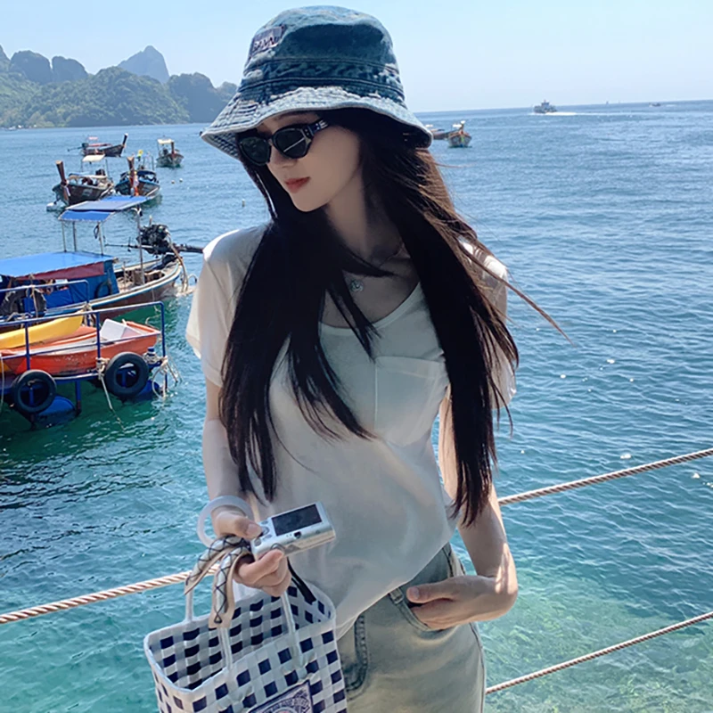 1098-短袖t恤女宽松大领口袋甜酷辣妹纯色低领设计感显瘦上衣棉