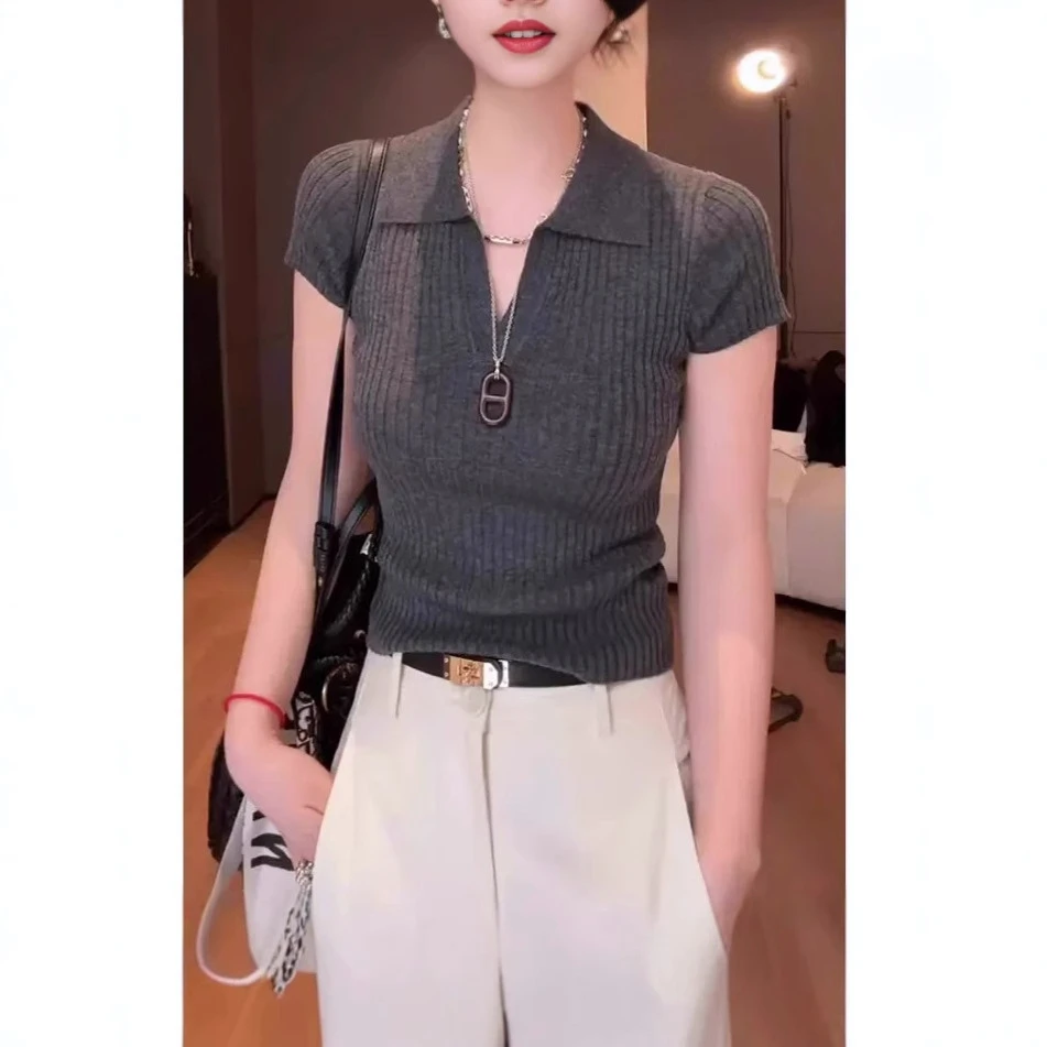 显瘦修身翻领针织短袖t恤女2025夏季新款高级感气质百搭短款上衣