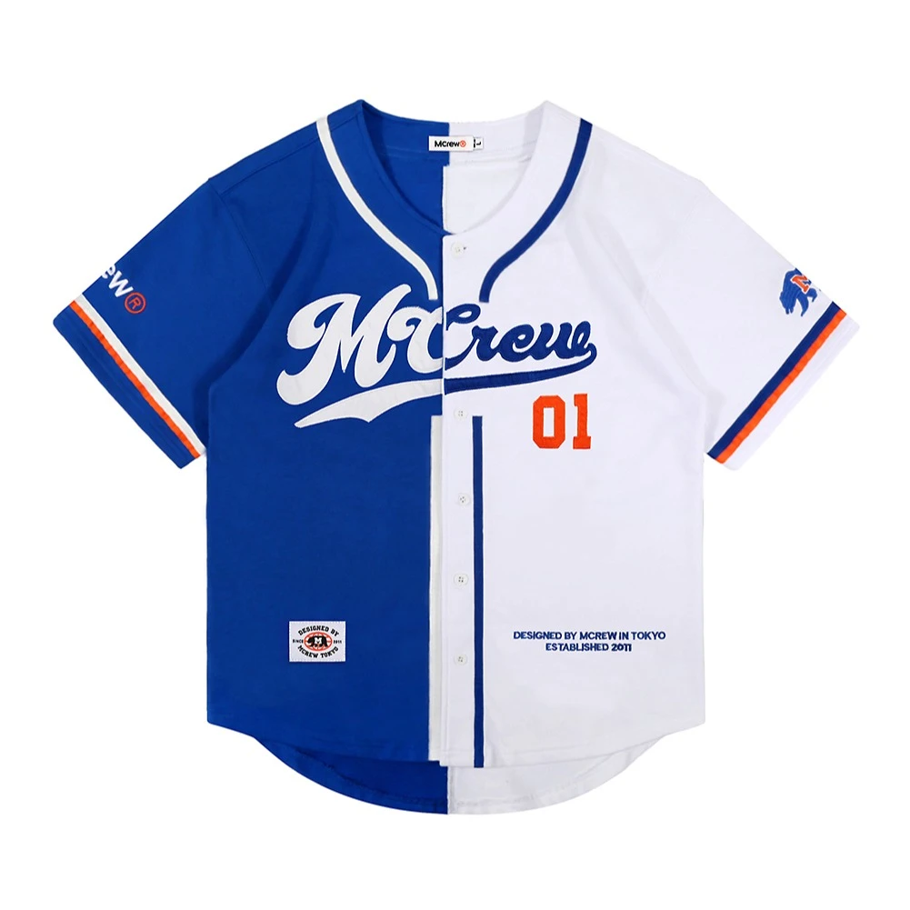 MCREW 字母绣花蓝白拼色男女休闲运动短袖棒球开衫宽松夹克外套