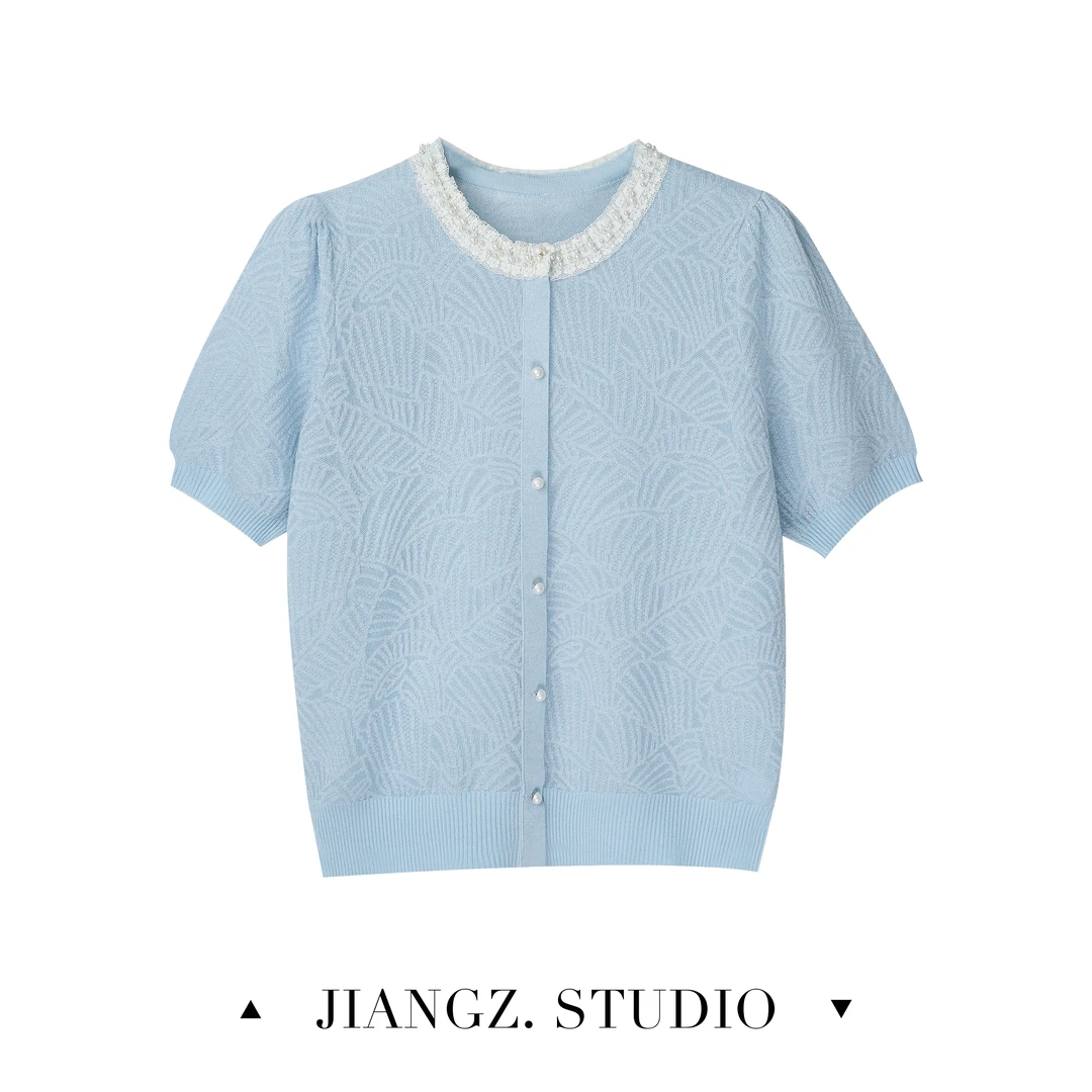 panii【云涧】夏季新款蕾丝钉珠短袖镂空高级感千金百搭显瘦上衣