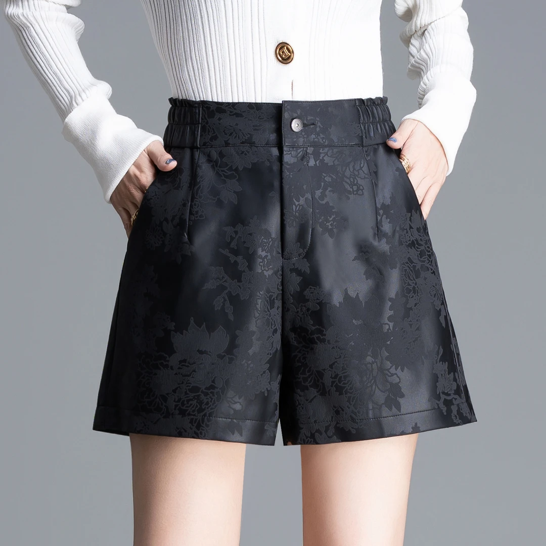 国风提花皮短裤女2025秋季新款高腰显瘦休闲裤气质百搭阔腿裤靴裤