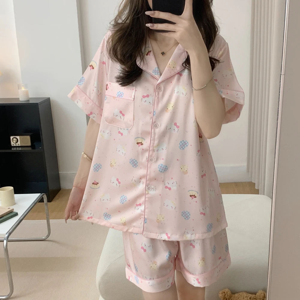 【粉嫩kitty】夏季2025新款冰丝睡衣女短袖甜美卡通舒适家居服套装