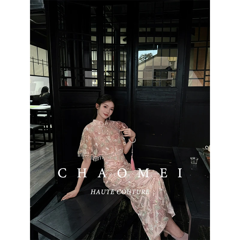 冯(CHAOMEI【桃华】新中式国风女装高级感轻奢蕾丝绣花料连衣裙披肩
