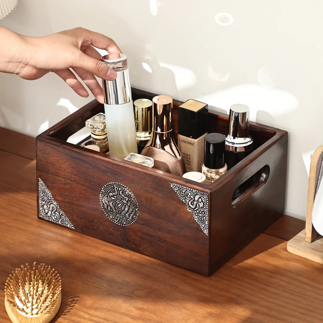 实木化妆品收纳盒茶几中式梳妆台护肤品收纳篮面膜杂物收纳