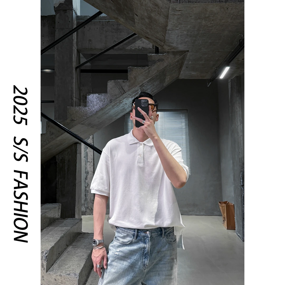 【叶继枫】25 S/S“留白”黑标100%棉前短后长极简纯色翻领短袖POLO衫