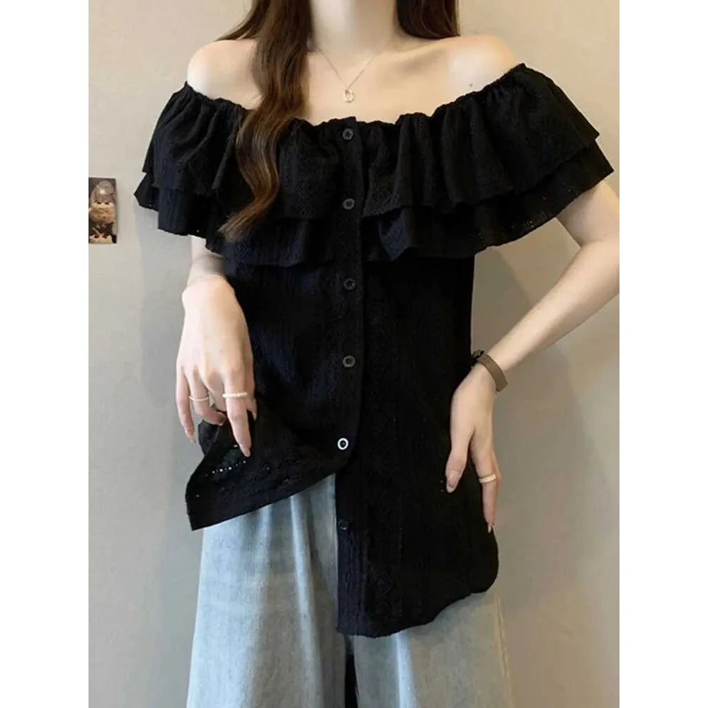 大码女装遮肚子荷叶边短袖雪纺衬衫女夏季胖mm显瘦遮肉一字肩上衣