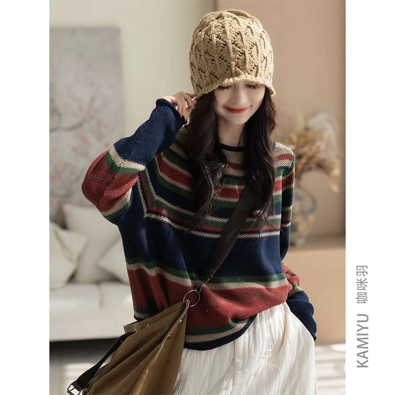 咖咪羽针织毛衣女秋冬休闲条纹慵懒宽松棉线时尚百搭简约宽松女装