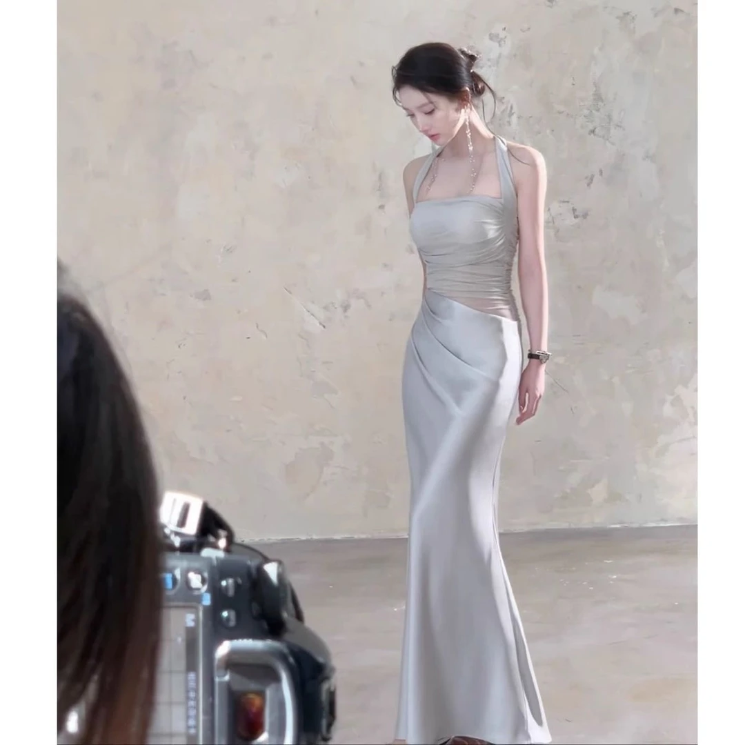 高级网纱缎面拼接连衣裙性感度假设计感收腰显瘦包臀裙