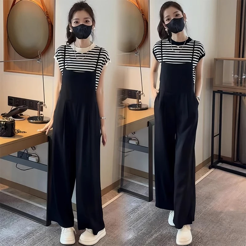 拉夏贝尔高级感时尚背带裤套装女条纹T恤夏季薄款气质减龄两件套