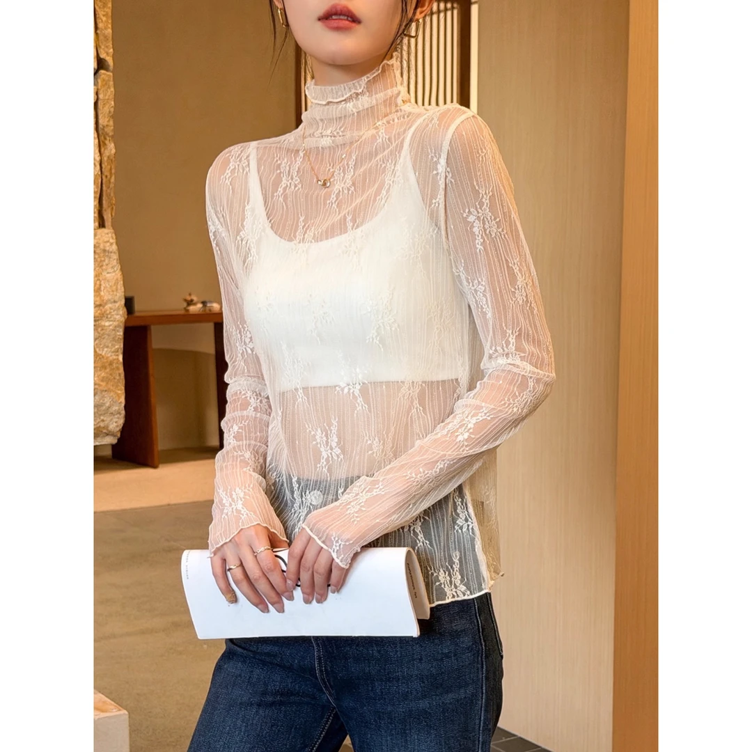 半高领白色蕾丝打底衫女内搭秋冬高级感透视叠穿长袖t恤外穿上衣