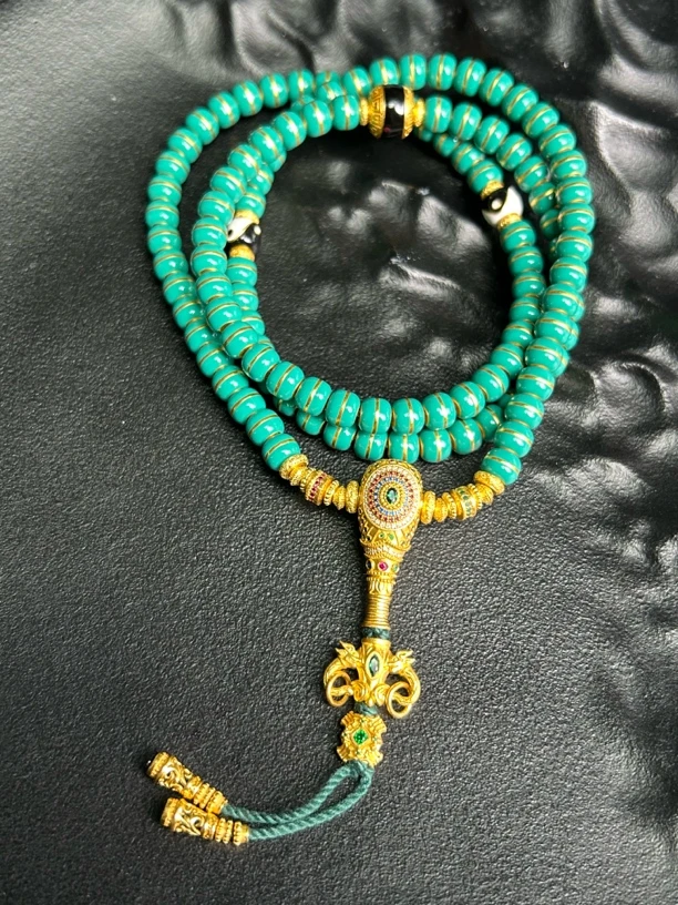 足金 卡7 寰谛凤翎三通珐琅彩绿松色108珠串 克重141.96g