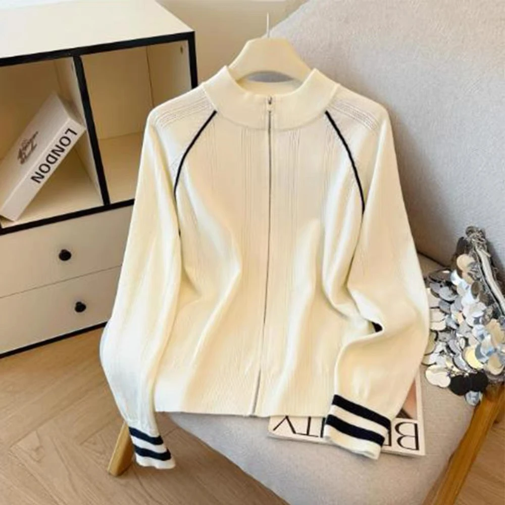 爆款2025秋冬新款韩版设计感撞色开衫针织衫显瘦立领毛衣