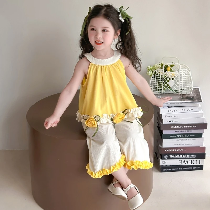 女童夏季无袖套装2025新款儿童花朵背心吊带阔腿裤两件套宝宝夏装
