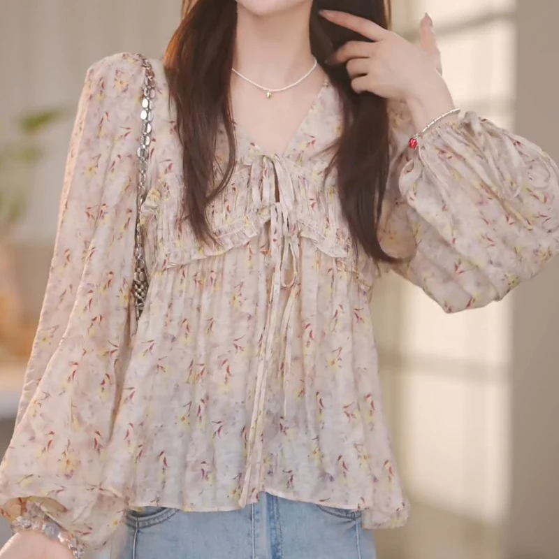 2025年秋法式褶皱设计浪漫印花长袖衬衫上衣LK2505460