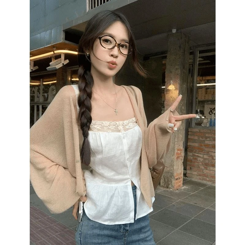 韩系奶茶色圆领针织衫女薄款长袖宽松IN风外套短款吊带两件套上