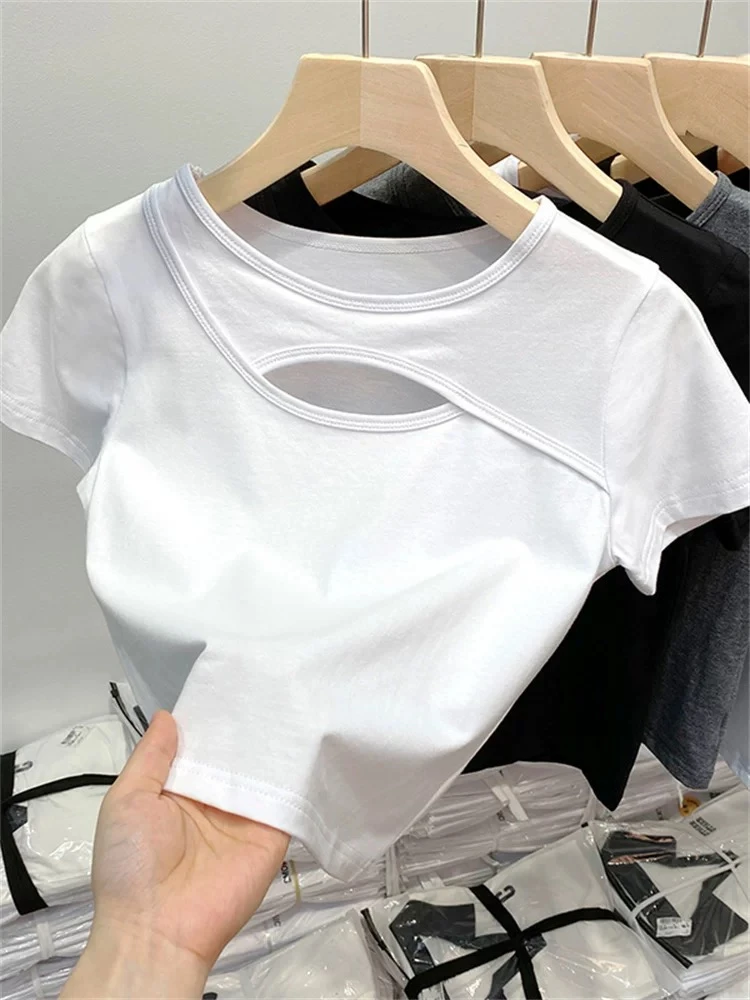 5223短袖抗起球女式白色高腰露脐T恤ins修身高腰小众露脐