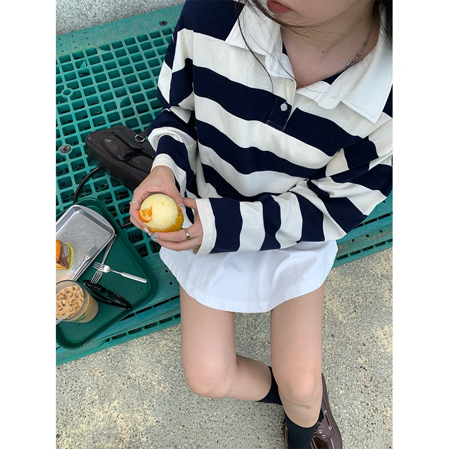 学院风翻领百搭条纹polo长款卫衣秋季宽松长袖减龄上衣休闲时尚