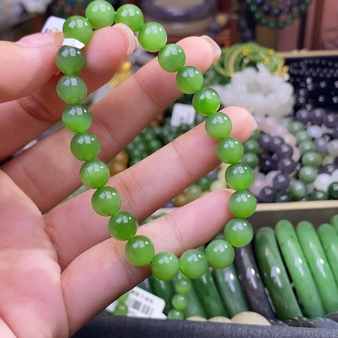 和田玉未镶嵌颈饰碧玉阳绿猫眼老矿料手串8mm