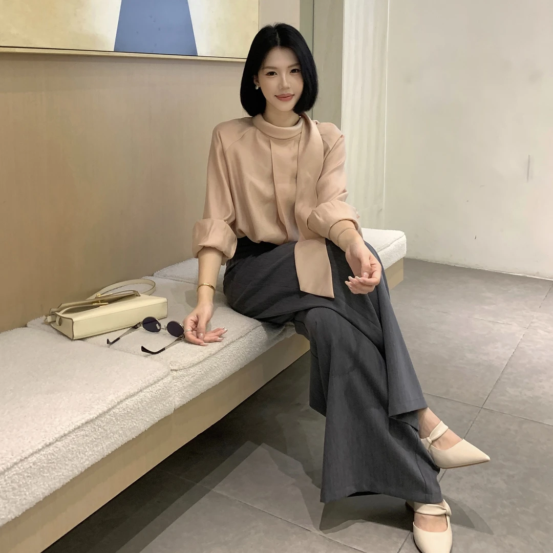 甜辣多多【高智姐姐】早春天丝醋酸衬衫女通勤百搭飘带领长袖衬衣女